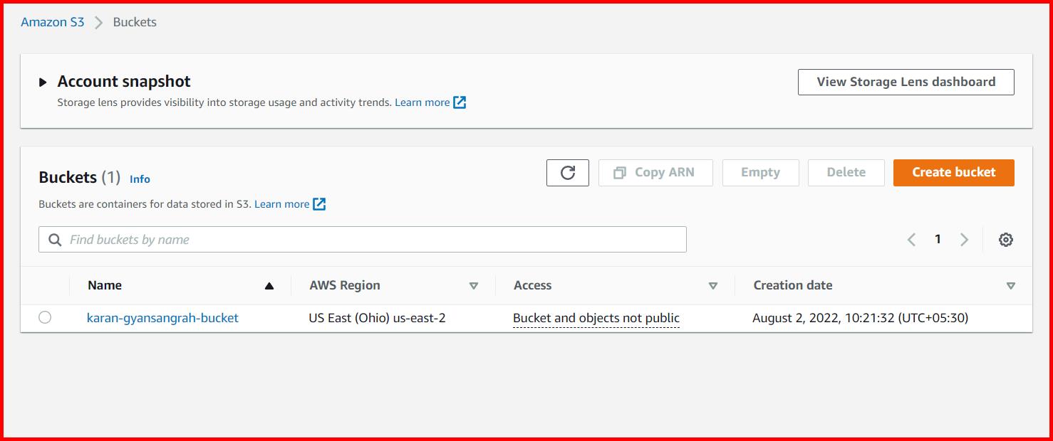 Picture showing the S3 bucket created in AWS console